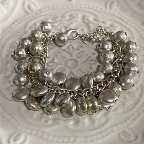 Silver Champagne Shimmery Disco Bead Charm Layered Bracelet Whimsical Vintage - Picture 4 of 16